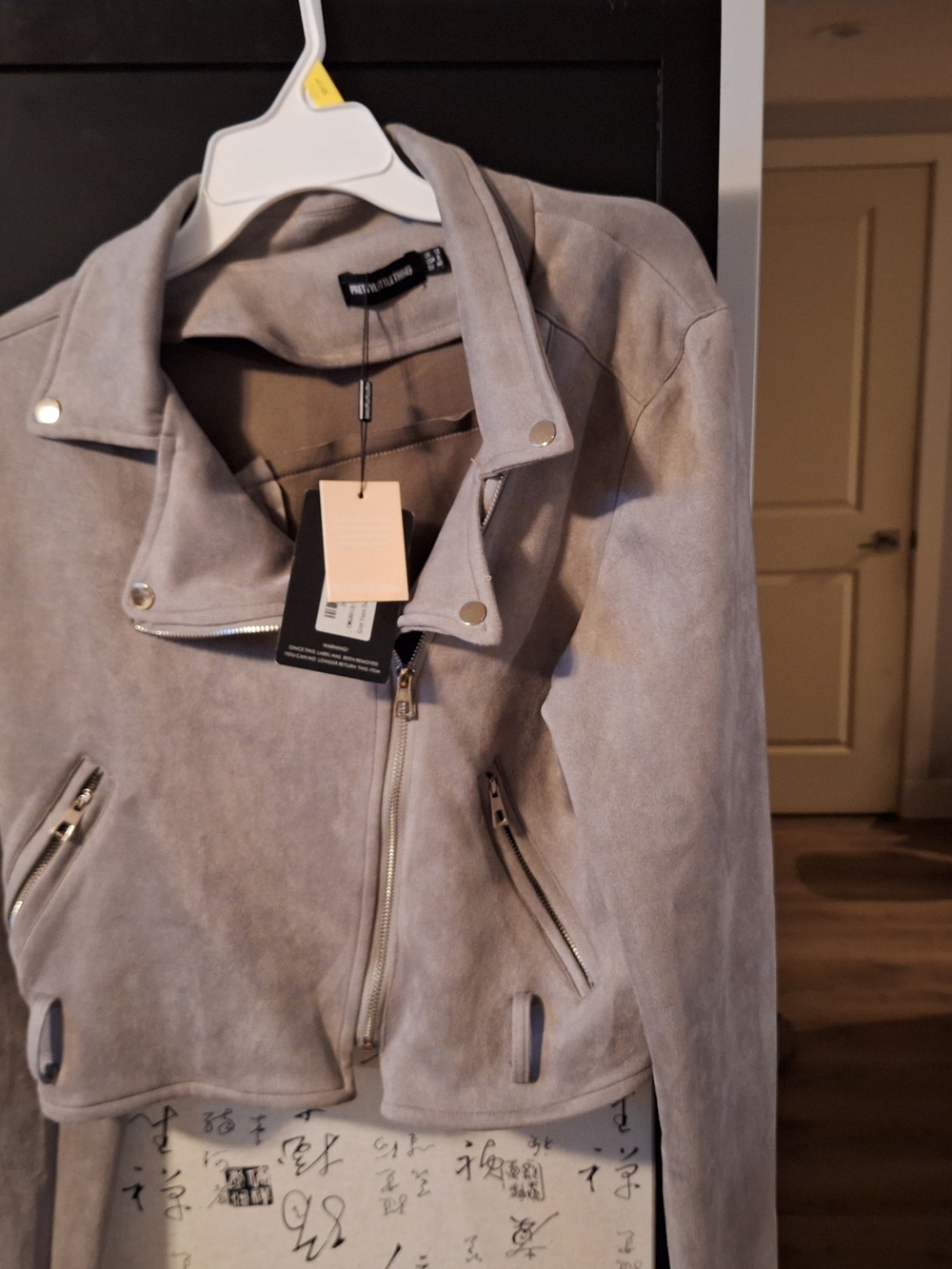 PrettyLittleThing Light Gray Faux Suede Moto Jacket with Silver Hardware